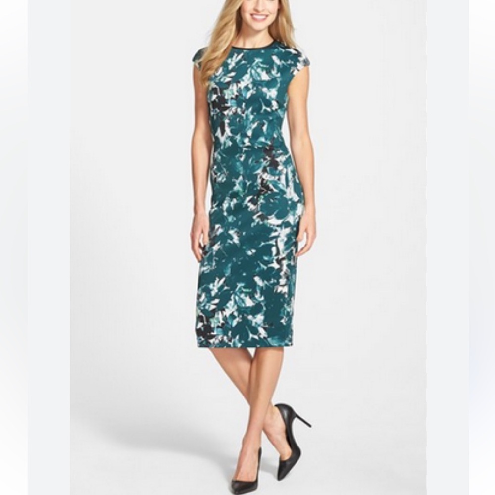 Maggy London Emerald Green Sheath Dress W Black Abstract Design. Scuba Feel. 8